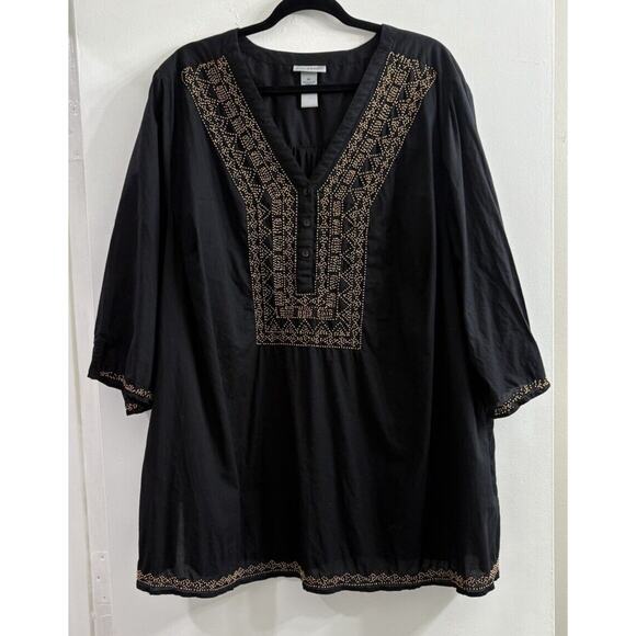 Catherines Tunic Top Shirt Blouse Size‎ 3X Black Gold Beaded Embellished Cotton - Picture 1 of 9